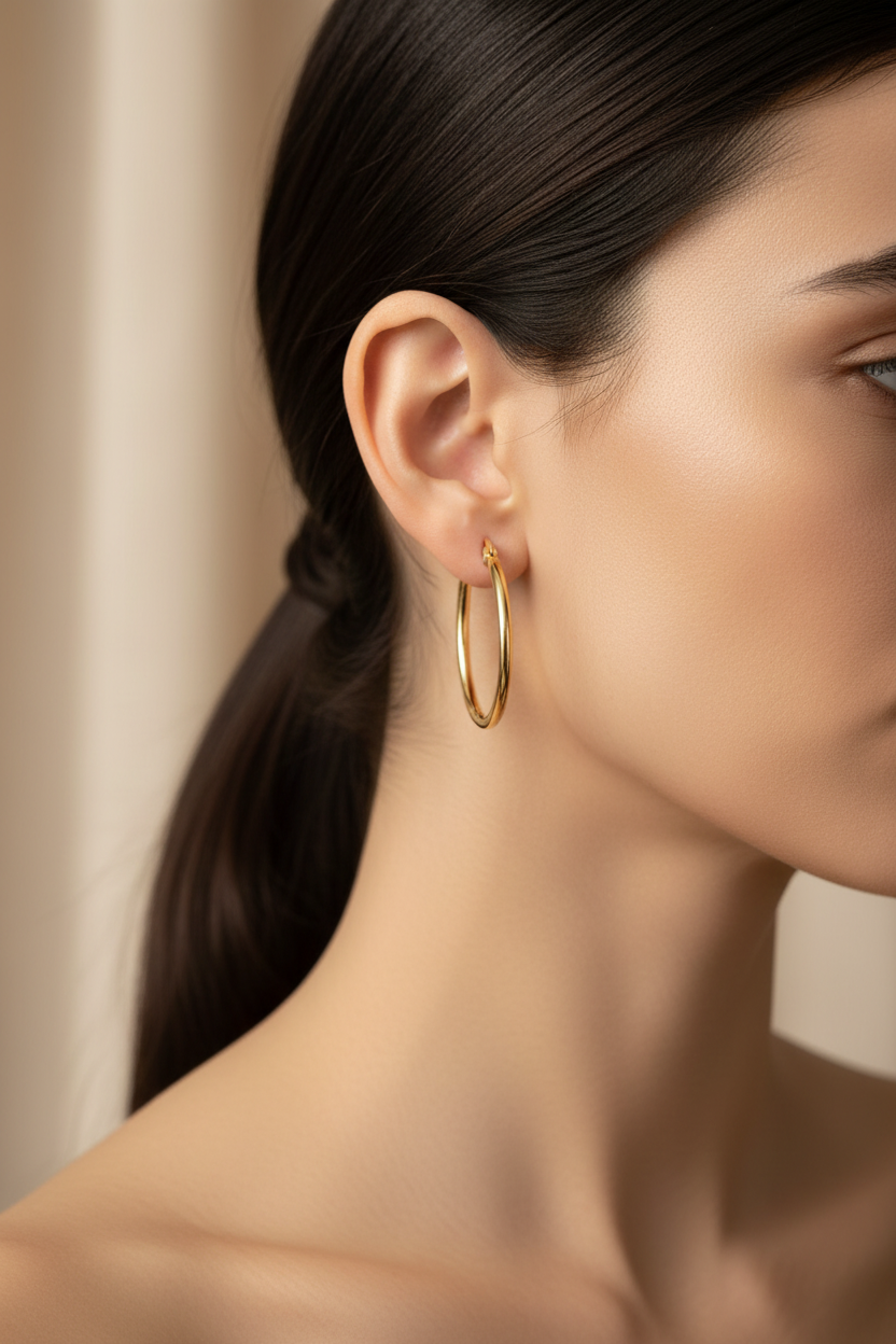 Close-up of a woman wearing a gold plated hoop earring with a neutral background