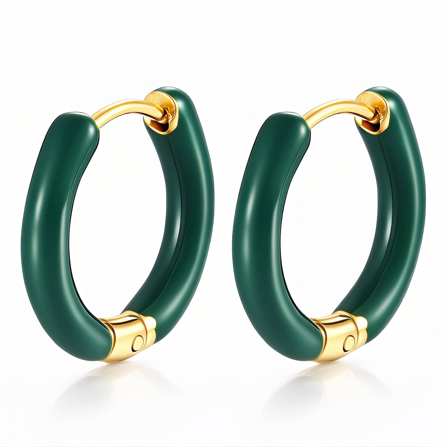 Green hoop earrings with gold accents on a white background