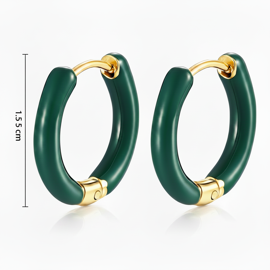 Green hoop earrings with gold accents on a white background
