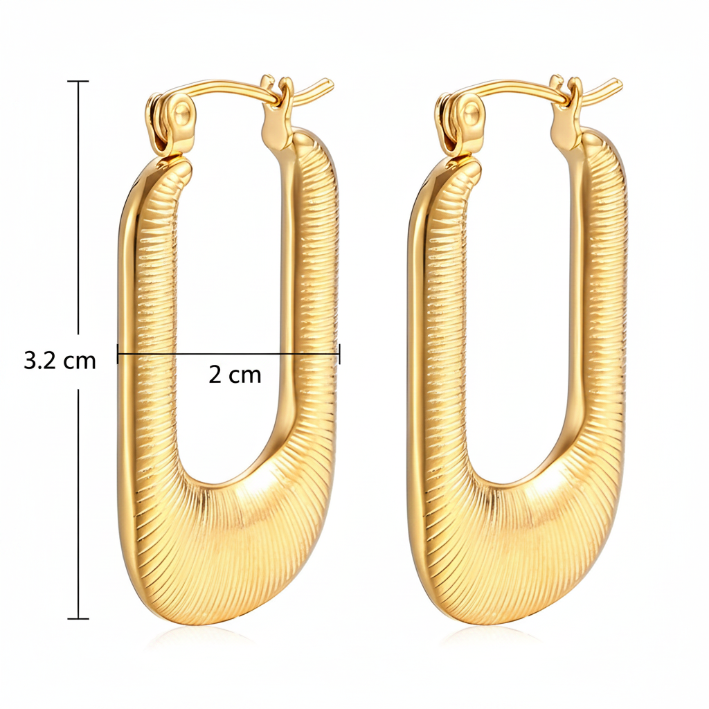 Gold hoop earrings with measurements on a white background