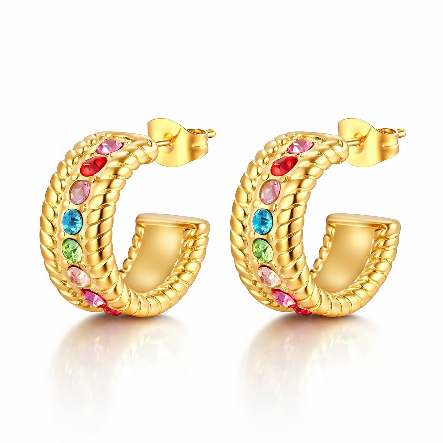 18k Gold plated hoop earrings with colorful gemstones on a white background
