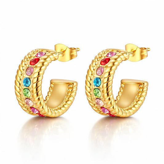 18k Gold plated hoop earrings with colorful gemstones on a white background
