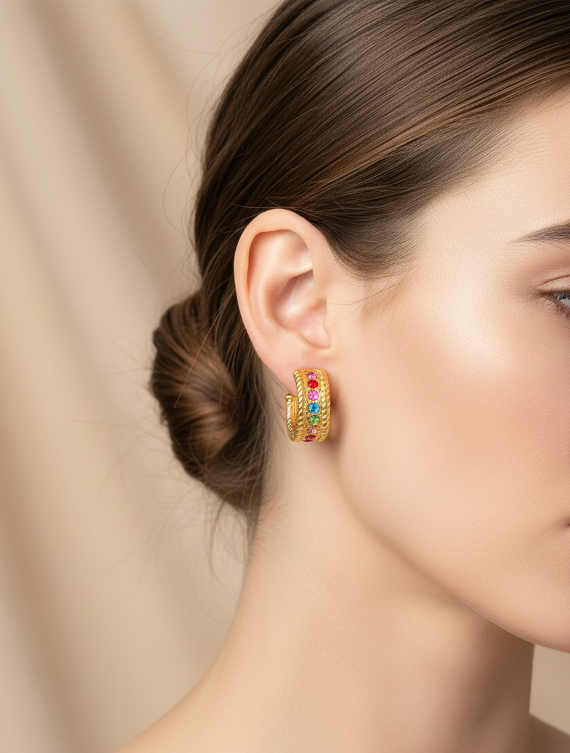 anti tarnish Gold plated hoop earrings with colorful gemstones on a white background