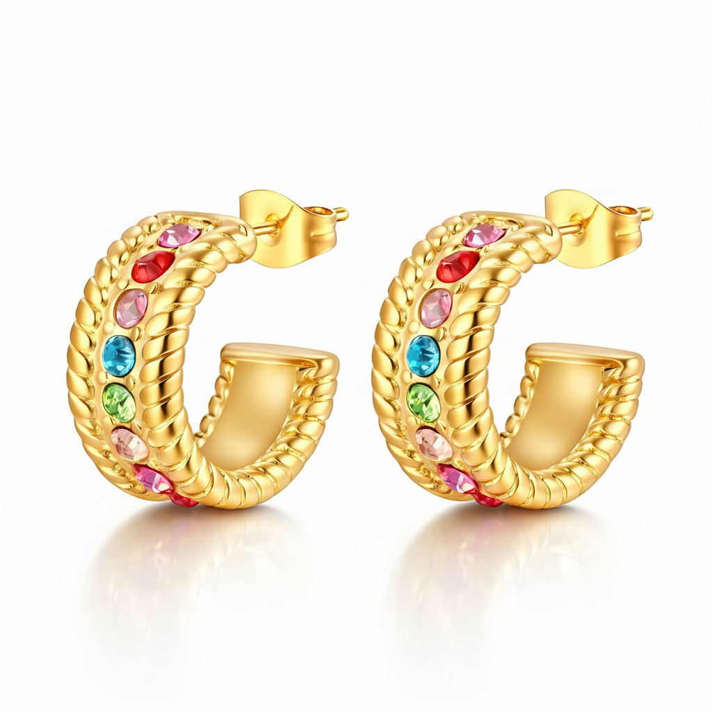 stainless steel 18k Gold plated C hoop earrings with colorful gemstones on a white background