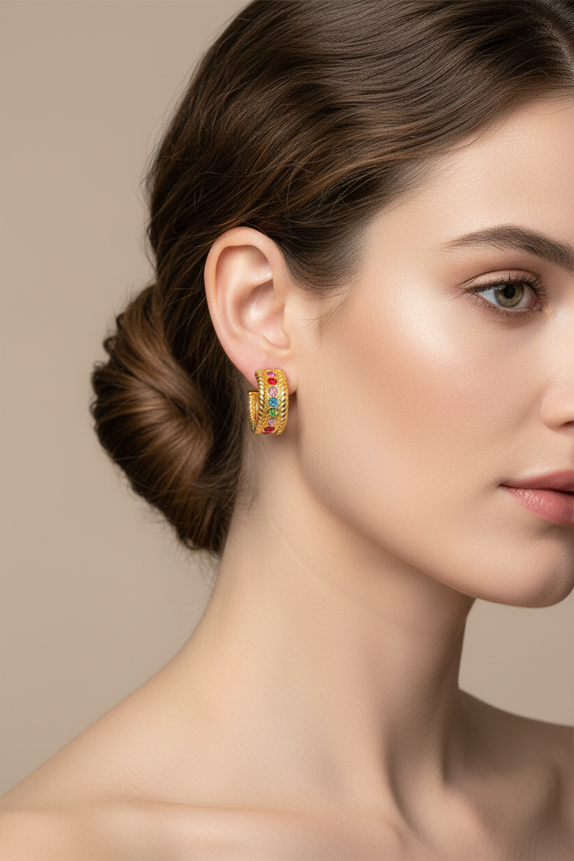 Close-up of a woman wearing a colorful earring against a neutral background