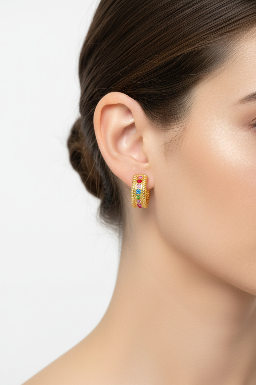 Close-up of a person wearing colorful gold plate hoop earrings with a neutral background