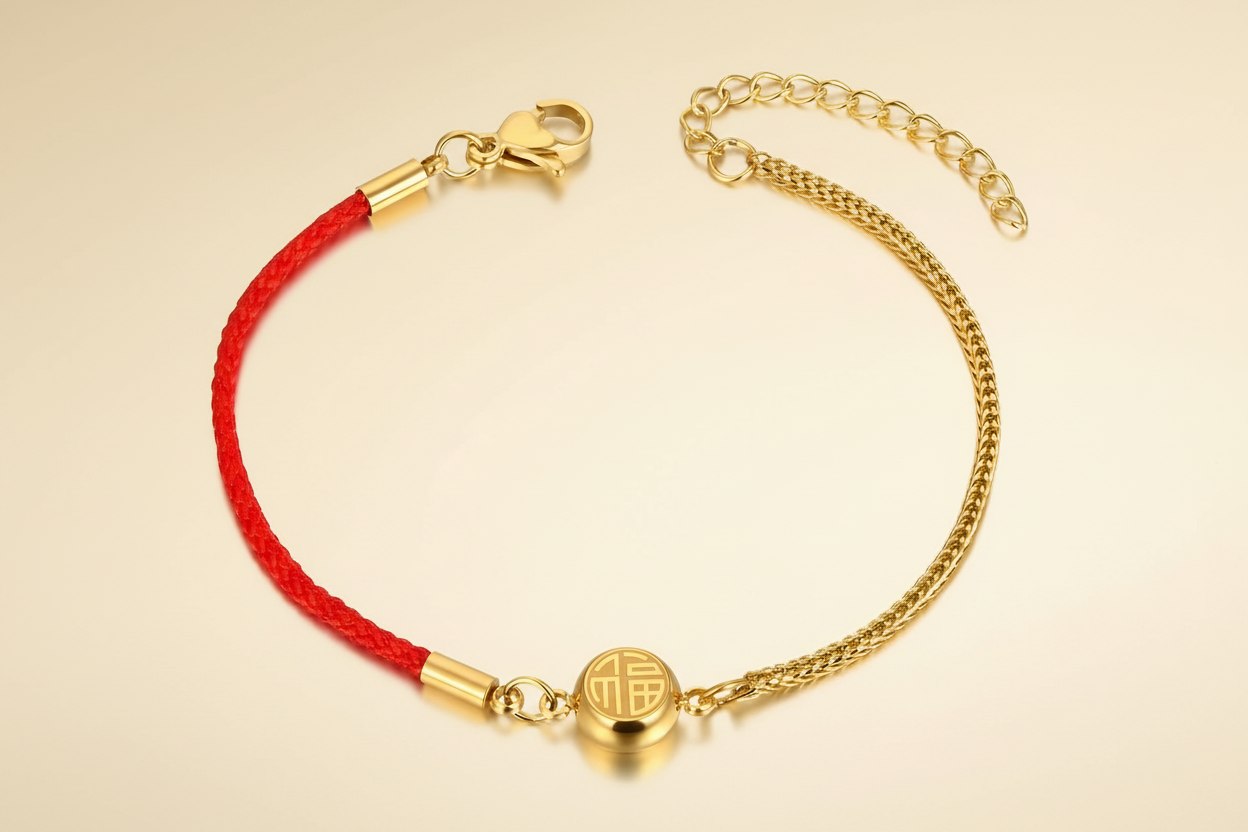 Fortune Lucky Charm Bracelet | 18K Gold Plated | Red Cord & Gold Chain