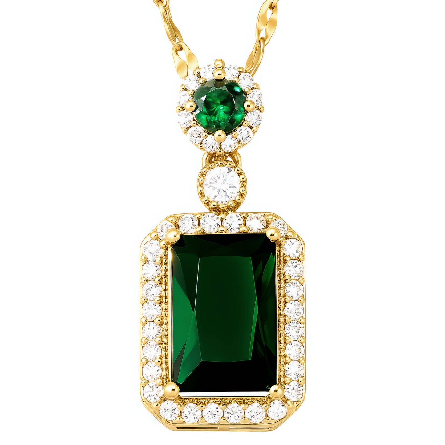 Gold necklace with green gemstone pendant on a white background