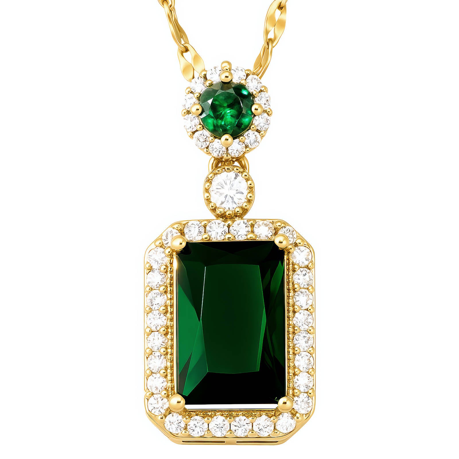 Gold necklace with green gemstone pendant on a white background