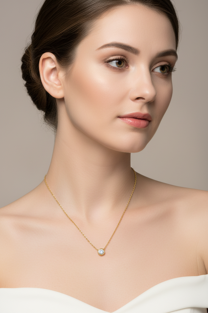 Bezel-Set CZ Solitaire Pendant Necklace | 18K Gold Plated