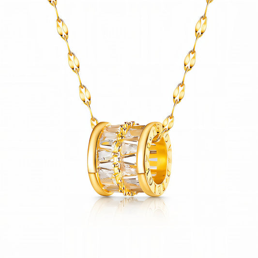 Baguette CZ Roman Numeral Barrel Pendant Necklace | 18K Gold Plated