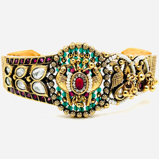 Kundan Polki Peacock Cuff Bracelet - Indian Bridal Jewelry