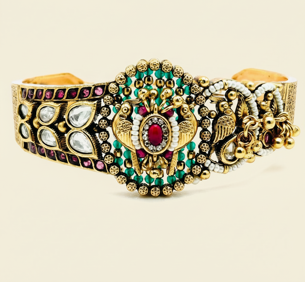 Kundan Polki Peacock Cuff Bracelet - Indian Bridal Jewelry