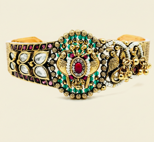 Kundan Polki Peacock Cuff Bracelet - Indian Bridal Jewelry