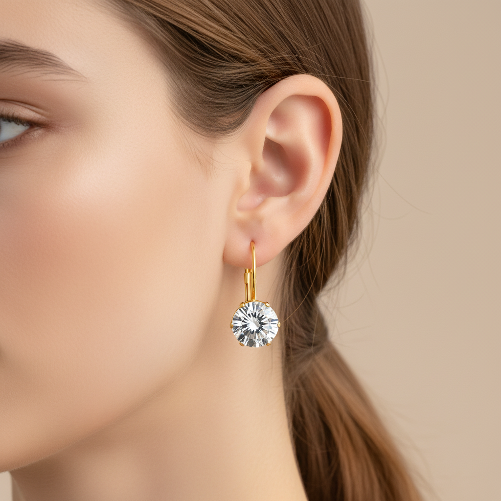 Round Brilliant CZ Lever-Back Drop Earrings 18K Gold Plated