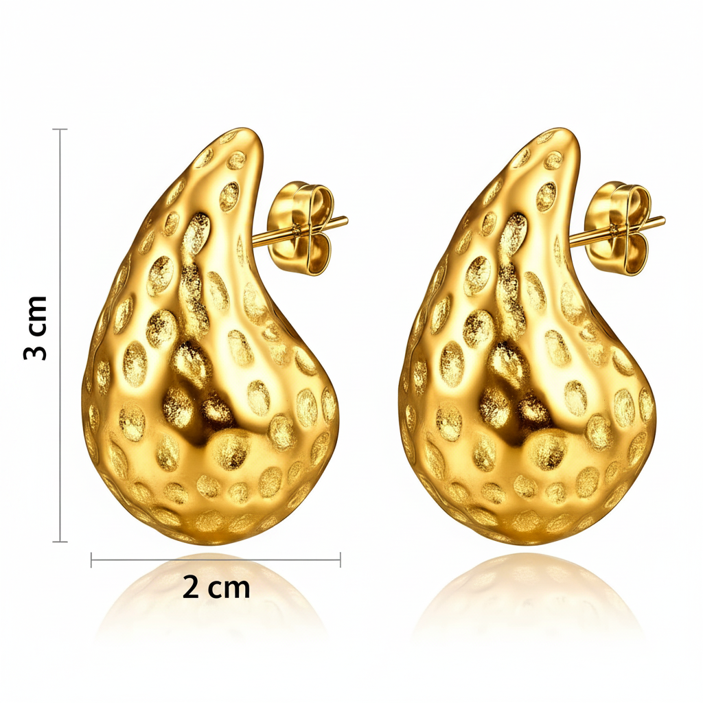 Gold teardrop earrings with textured design, shown with measurements on a white background.