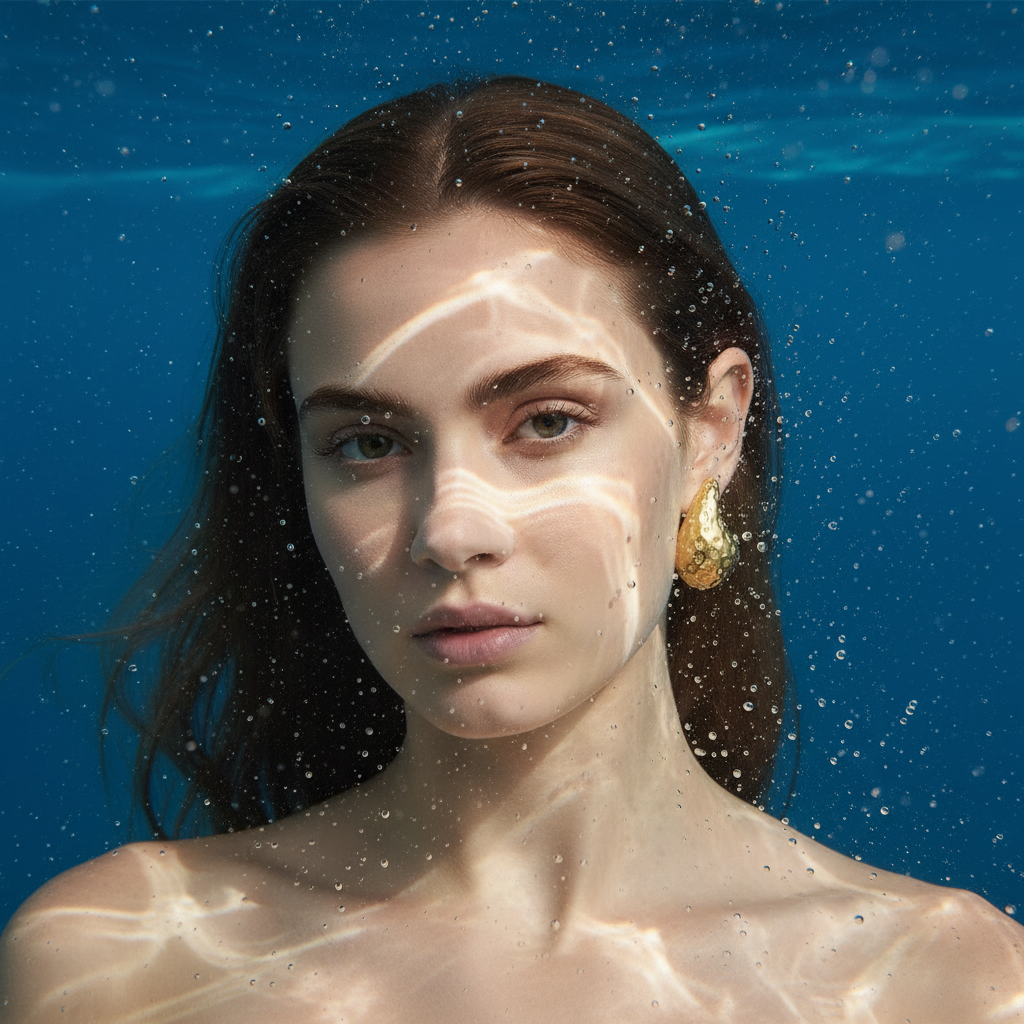 Woman underwater with sunlight filtering through, wearing gold earrings.