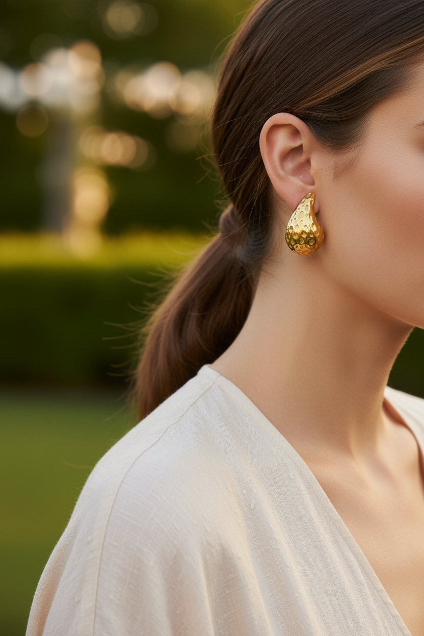 Close-up of a woman wearing gold earrings with a blurred natural background