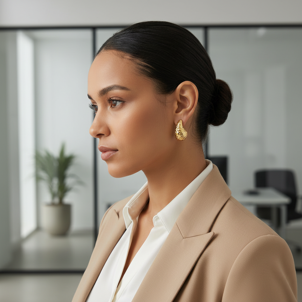 Woman wearing gold earrings in an office setting