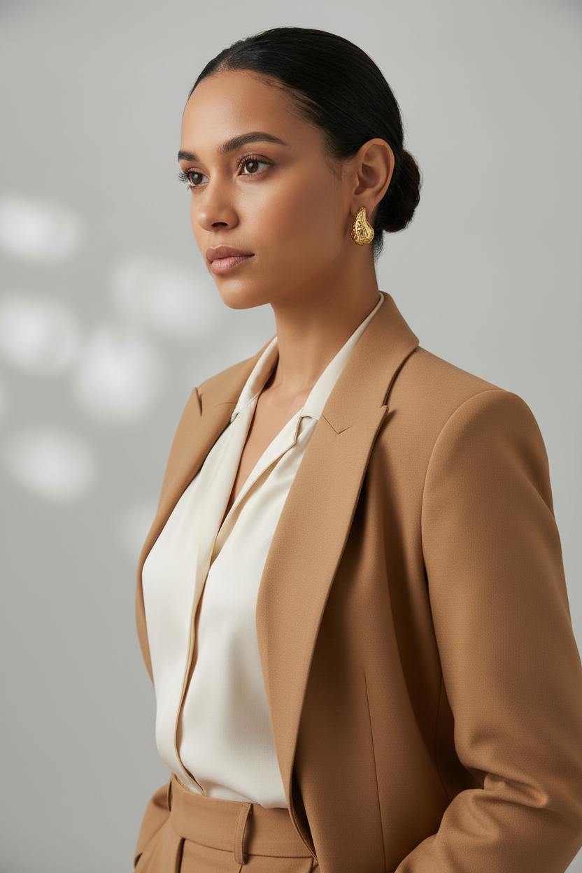 Woman wearing a brown blazer over a white shirt with a neutral background
