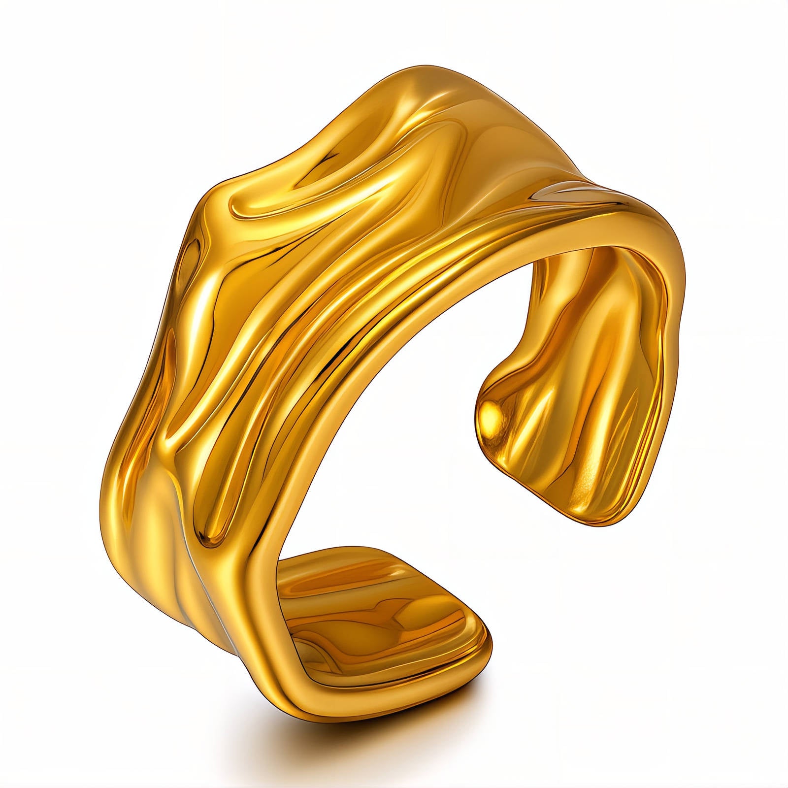 Gold ring with wavy design on a white background