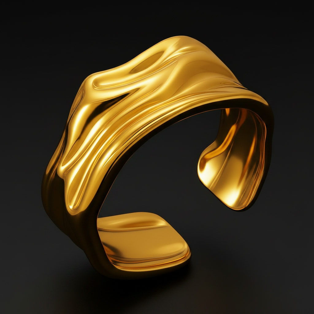 18k gold plated ring with wavy design on a black background