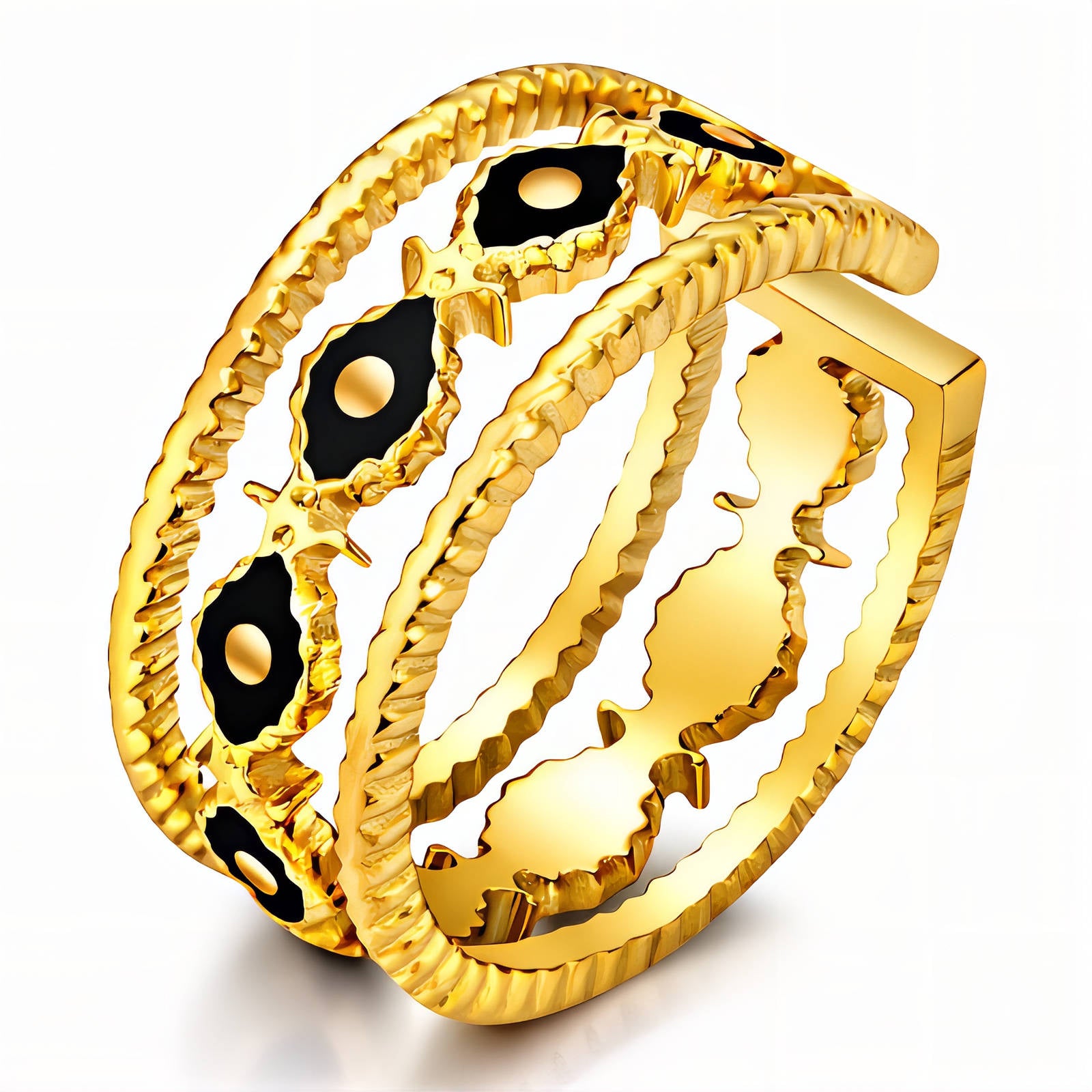 Gold bracelet with black accents on a white background