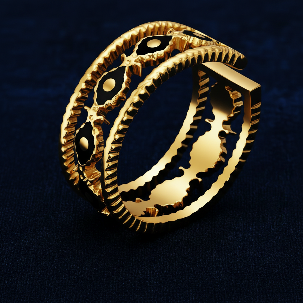 Gold ring with gear design on a dark blue background