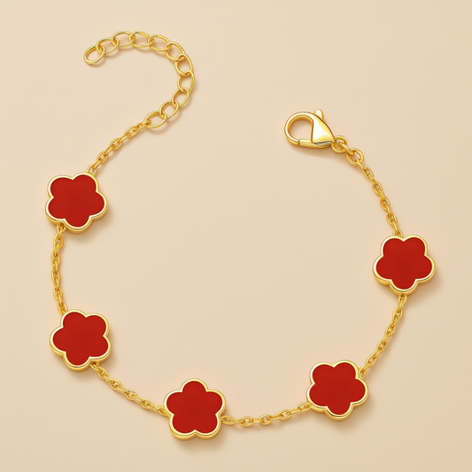 5-Motif Red Enamel Flower Station Chain Bracelet | 18K Gold Plated