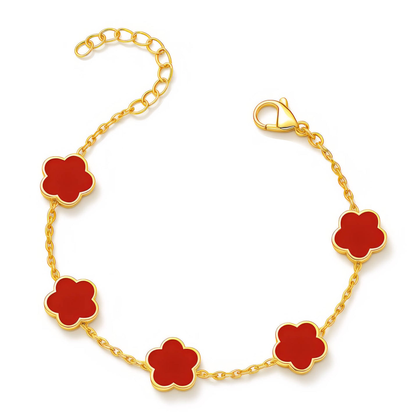 5-Motif Red Enamel Flower Station Chain Bracelet | 18K Gold Plated