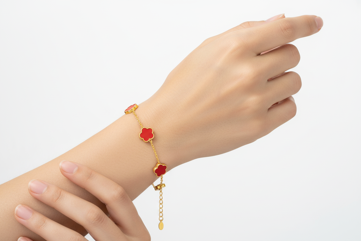 5-Motif Red Enamel Flower Station Chain Bracelet | 18K Gold Plated