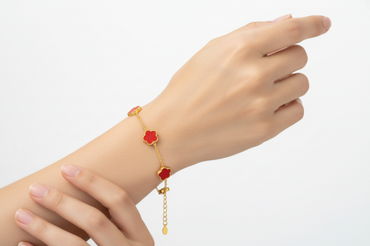 5-Motif Red Enamel Flower Station Chain Bracelet | 18K Gold Plated