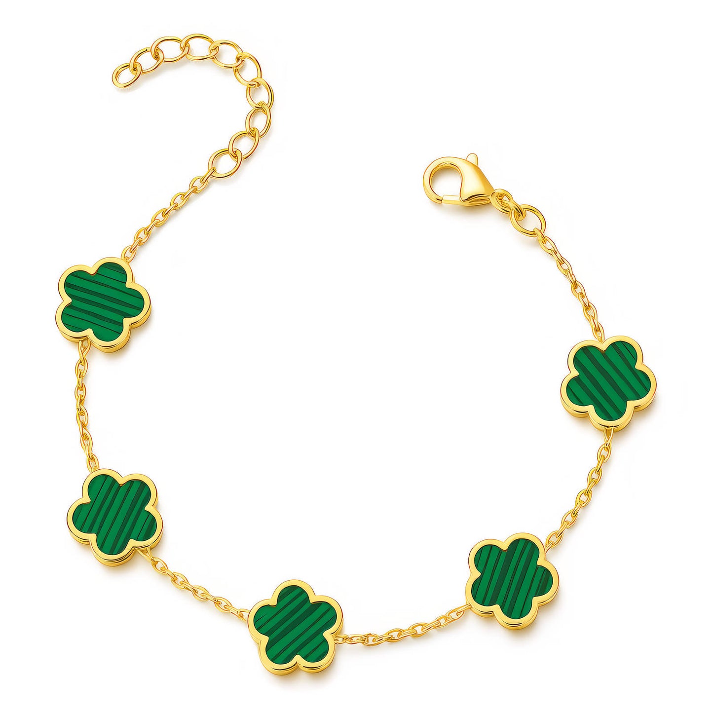 5-Motif Green Flower Station Chain Bracelet | 18K Gold Plated