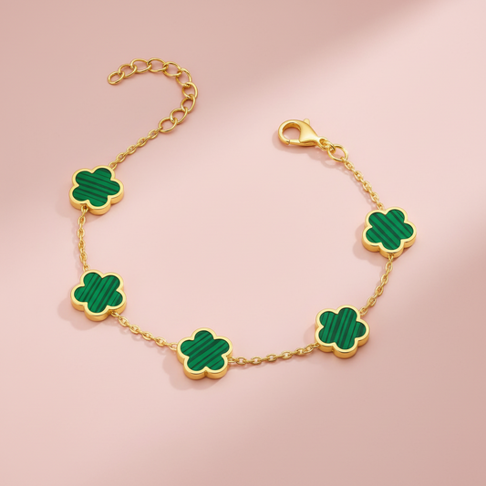 5-Motif Green Flower Station Chain Bracelet | 18K Gold Plated