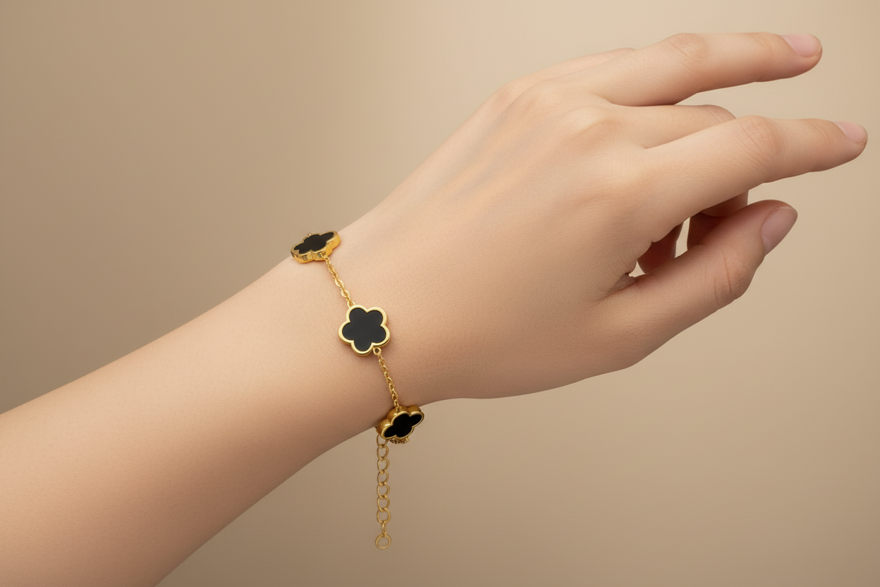 5-Motif Black Onyx Flower Station Chain Bracelet | 18K Gold Plated