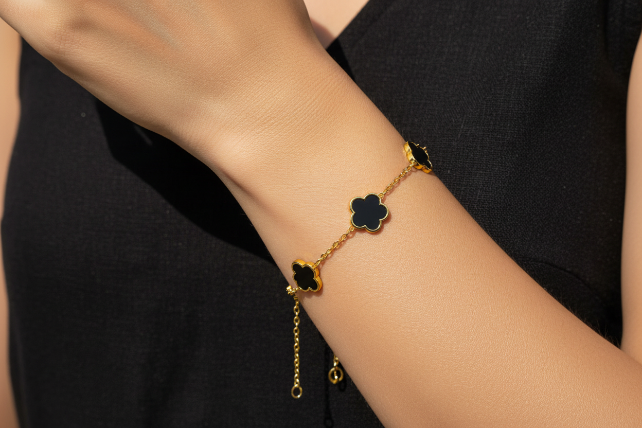 5-Motif Black Onyx Flower Station Chain Bracelet | 18K Gold Plated