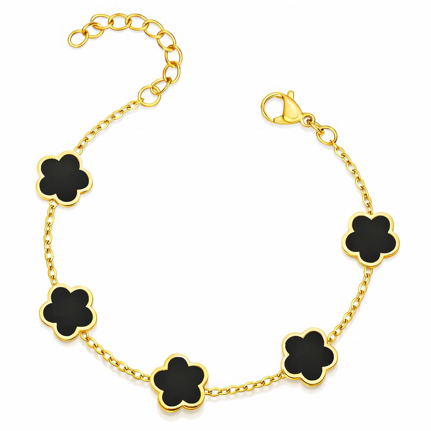 5-Motif Black Onyx Flower Station Chain Bracelet | 18K Gold Plated