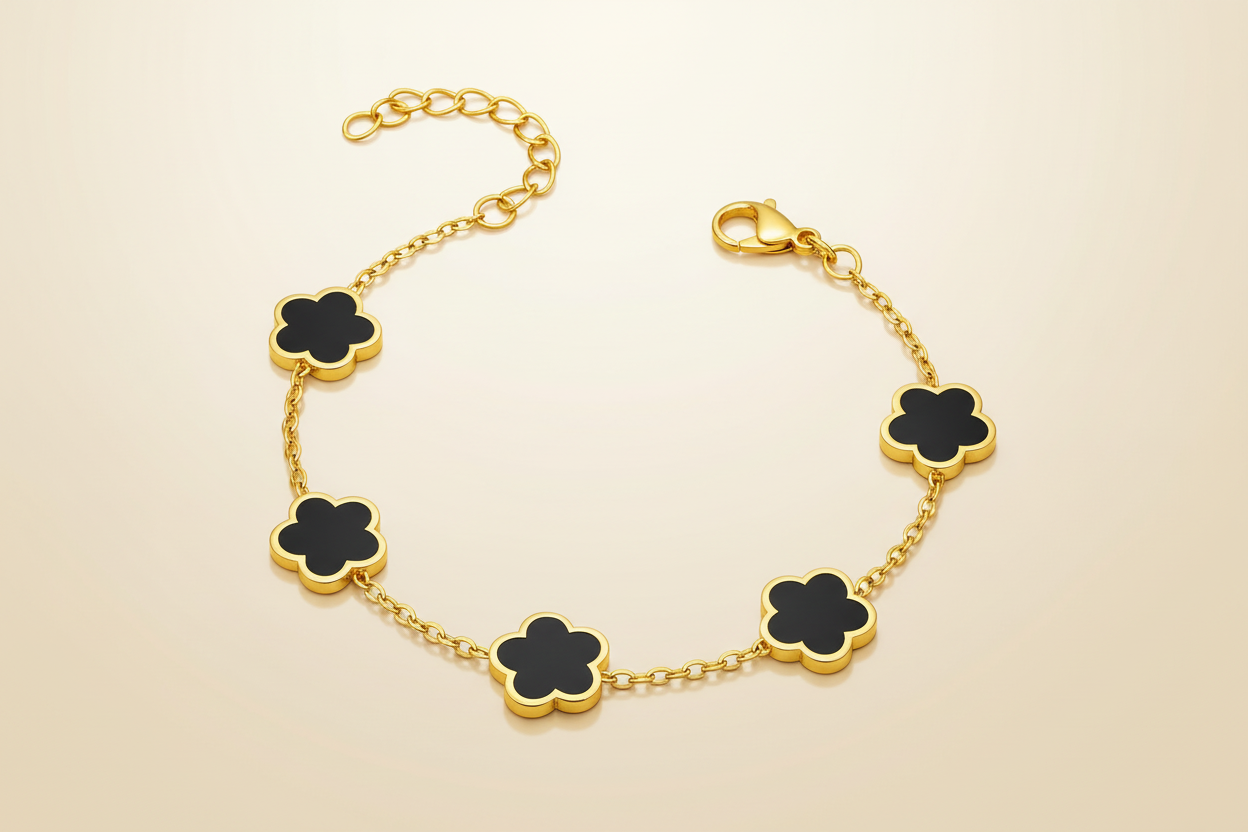 5-Motif Black Onyx Flower Station Chain Bracelet | 18K Gold Plated