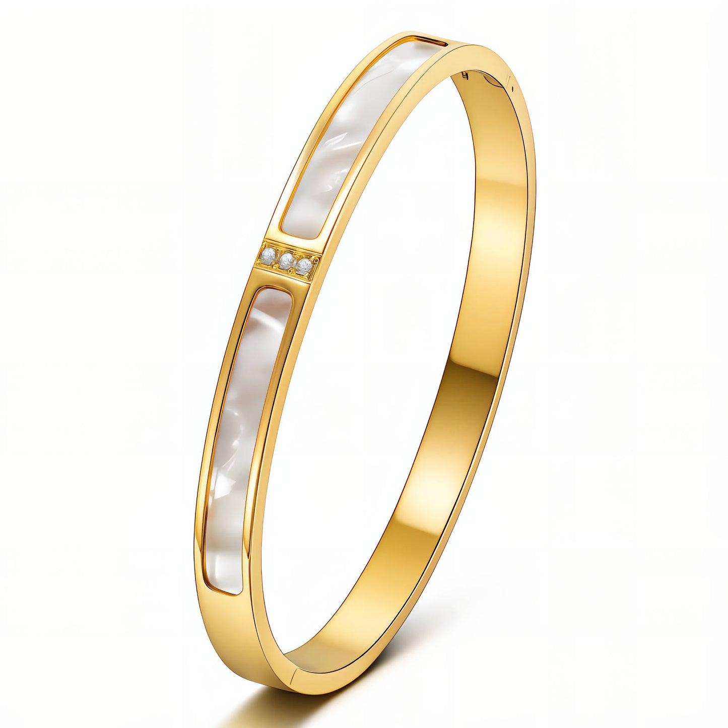 Dual Nacre Panel & CZ Accent Hinged Bangle | 18K Gold Plated