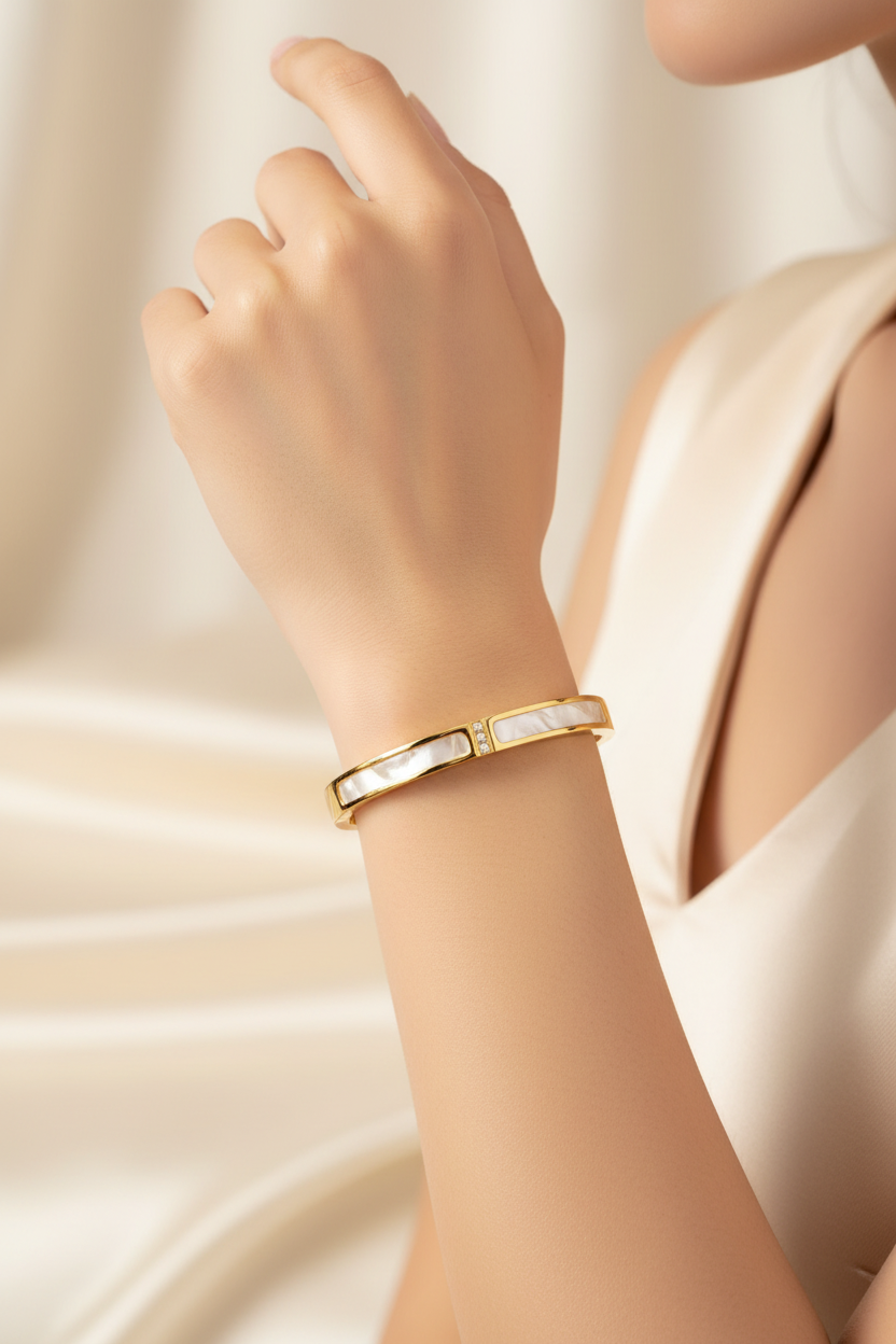Dual Nacre Panel & CZ Accent Hinged Bangle | 18K Gold Plated