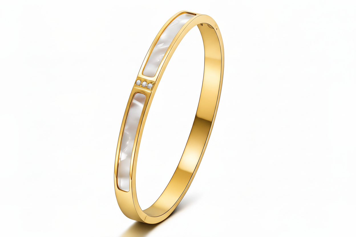 Dual Nacre Panel & CZ Accent Hinged Bangle | 18K Gold Plated