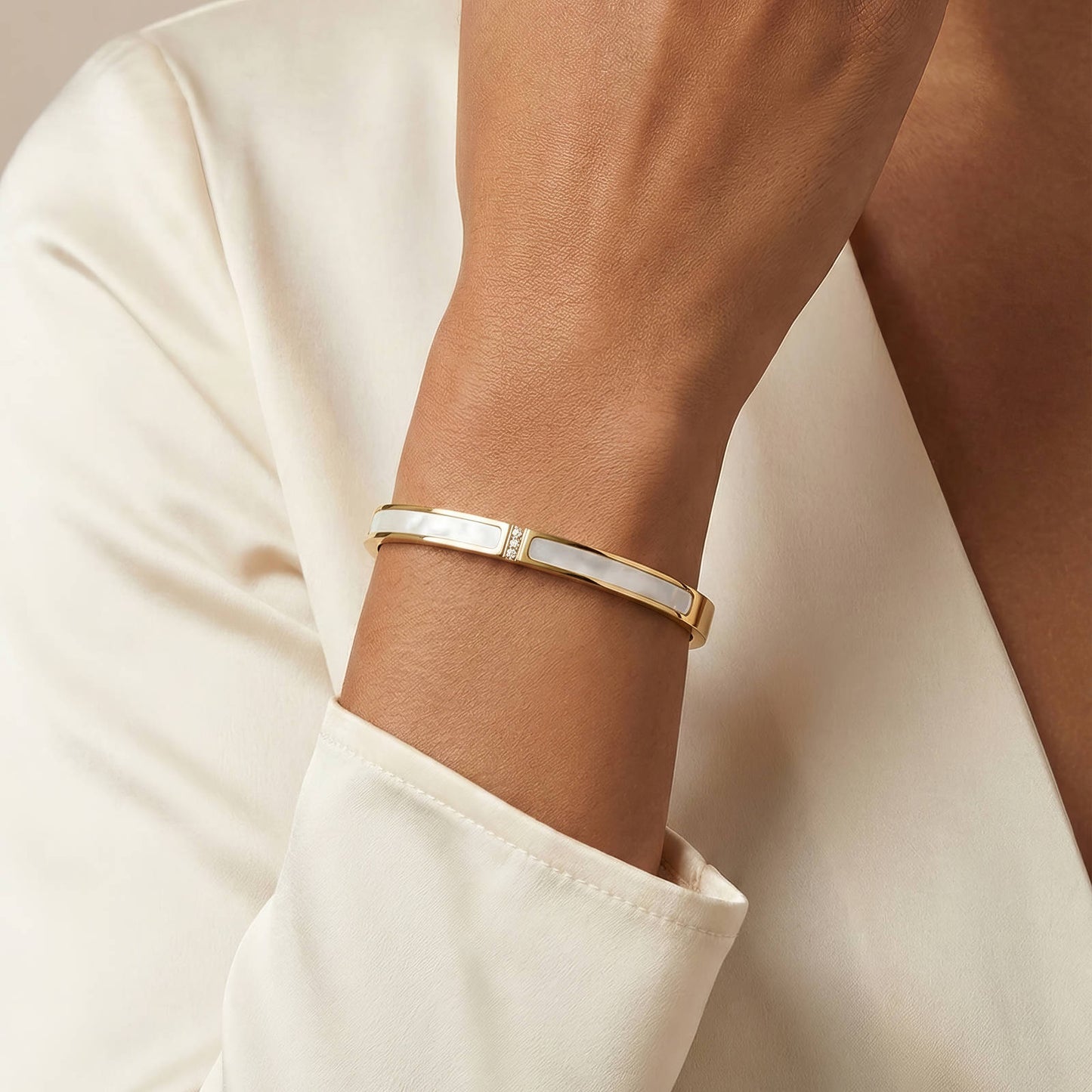 Dual Nacre Panel & CZ Accent Hinged Bangle | 18K Gold Plated