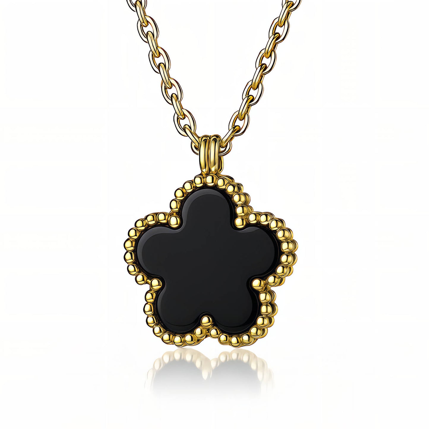 Black Enamel Five-Petal Flower Pendant Necklace | 18K Gold Plated