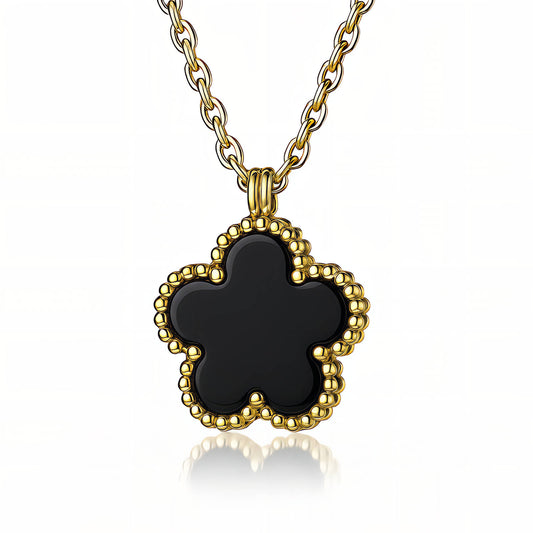 Black Enamel Five-Petal Flower Pendant Necklace | 18K Gold Plated