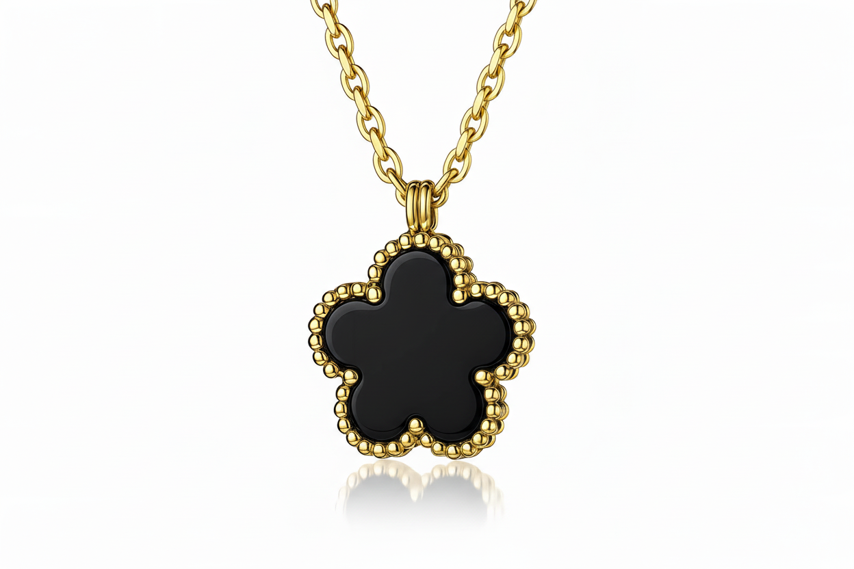 Black Enamel Five-Petal Flower Pendant Necklace | 18K Gold Plated