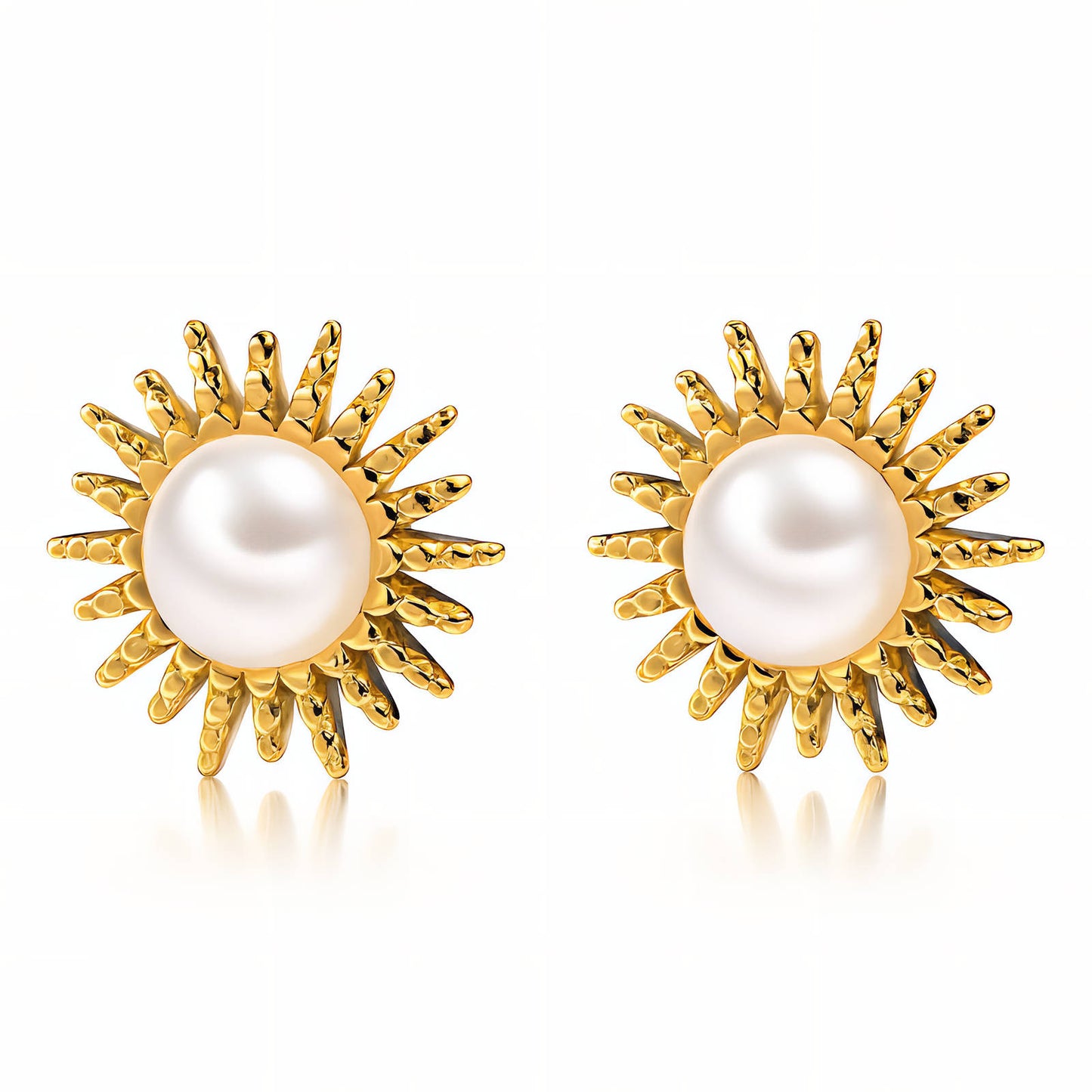 stainless steel 18k Gold plated  sun-shaped earrings with pearl centers on a white background