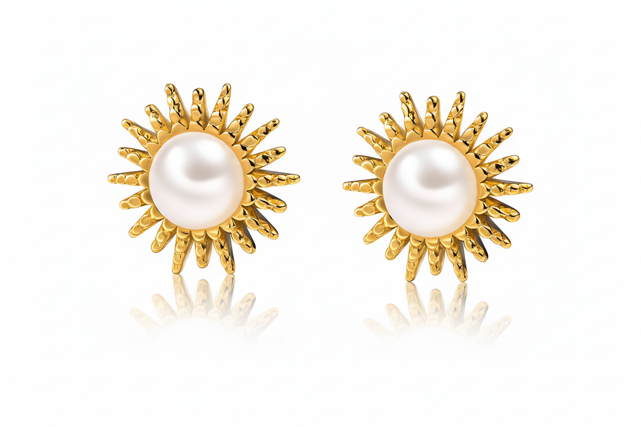 Gold plated sun-shaped earrings with pearl centers on a white background
