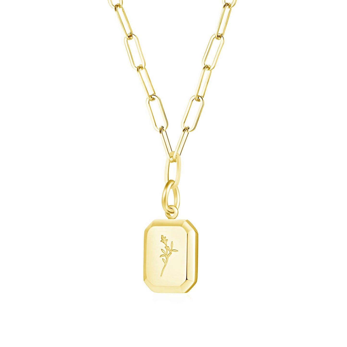 Floral Engraved Tag Pendant Necklace | 18K Gold Plated | Paperclip Chain