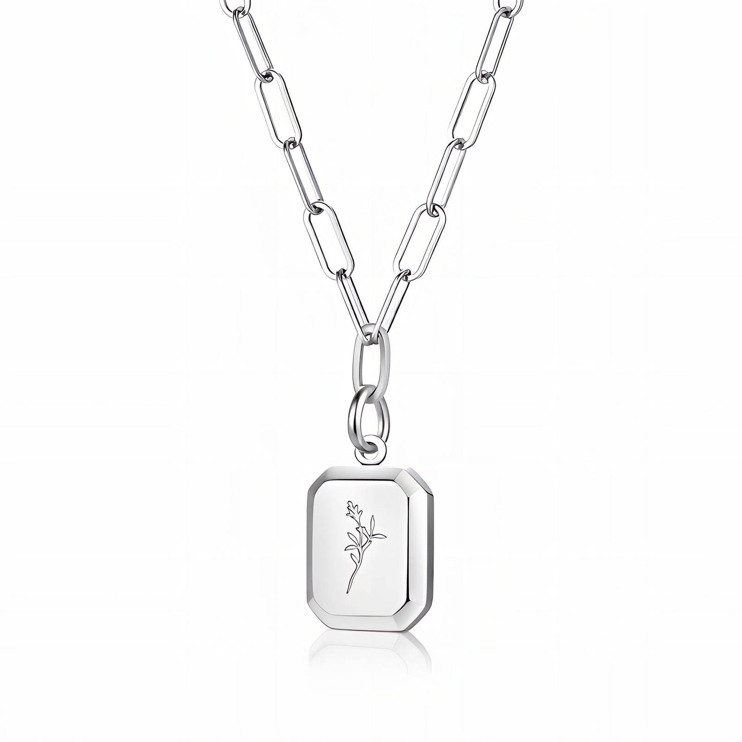Floral Engraved Tag Pendant Necklace Silver stainless steel Paperclip Chain