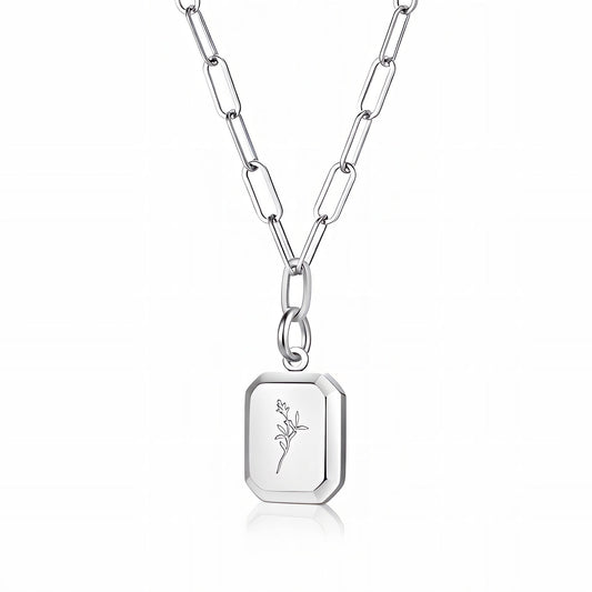 Floral Engraved Tag Pendant Necklace Silver stainless steel Paperclip Chain